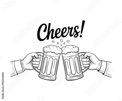 Frothy beer mugs clinking together with cheers.