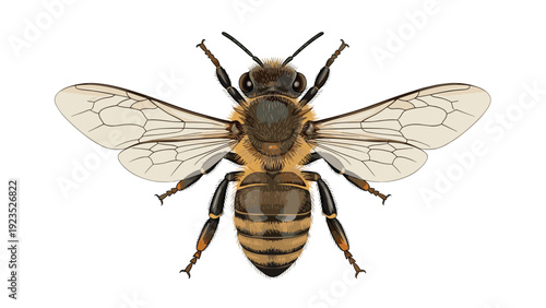 Highly detailed top view illustration of a honey bee with transparent wings and fuzzy brown and black body on a white background.