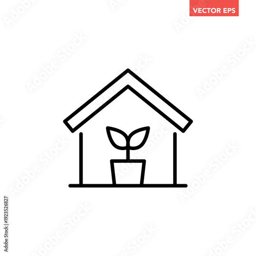 Black single greenhouse with potted plant line icon, simple indoor plant flat design vector pictogram, infographic interface elements for app logo web button ui ux isolated on white background