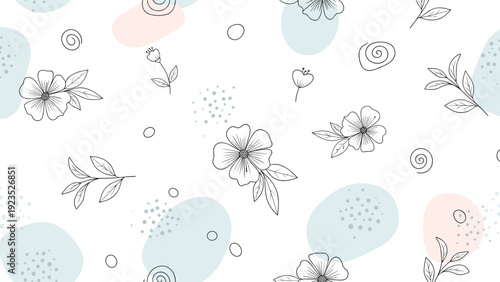 Minimalist pattern of hand-drawn black line flowers and leaves mixed with soft pastel organic shapes on a white background.