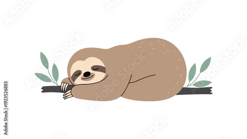 Adorable brown sloth sleeping peacefully on a tree branch with green leaves illustrated in a cute cartoon style.