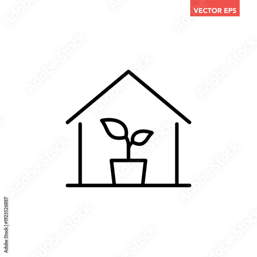Black single indoor plant line icon, simple greenhouse with potted plant flat design vector pictogram, infographic interface elements for app logo web button ui ux isolated on white background