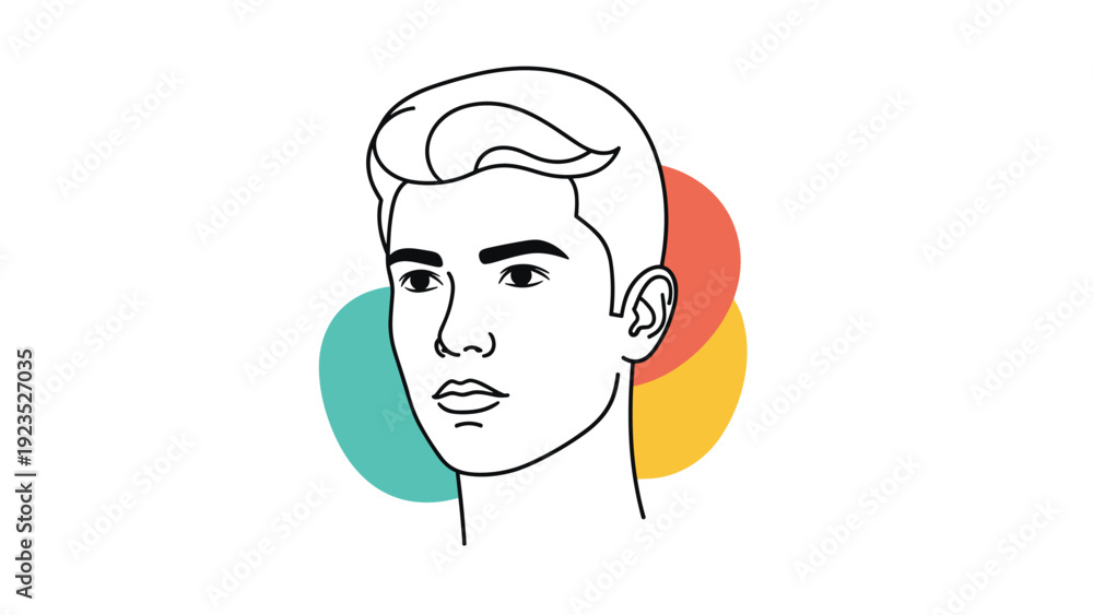 Obraz premium Modern line art portrait of a young man featuring minimalist black contours and vibrant overlapping circular shapes in the back.