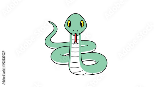 Friendly green snake cartoon character with big yellow eyes and a red tongue flicking out, a cute reptile illustration for kids.