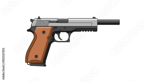 Realistic semi-automatic handgun with a silver metal slide and a brown wooden grip, isolated weapon object on a plain background.