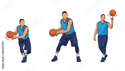 Three basketball players wearing blue uniforms demonstrating different skills like dribbling, holding the ball, and spinning it.