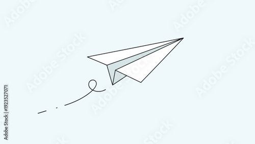 Minimalist white paper plane flying through the air with a dashed line trail, representing travel, communication, and creative ideas.
