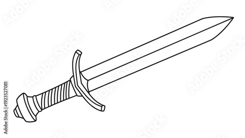 Simple black and white line drawing of a classic medieval sword with a straight blade and a decorated hilt for coloring books.