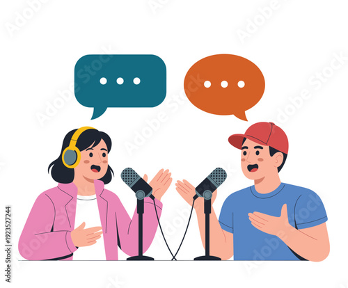 Podcasting together conversation communication. Two people with microphones and speech bubbles.