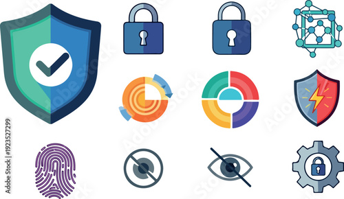 Shield with checkmark and fingerprint, security concept, verification, protection, safety, blue, green, purple, white background