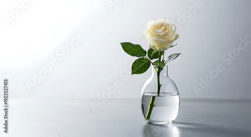 Delicate white rose in a clear glass vase, a symbol of purity and elegance.