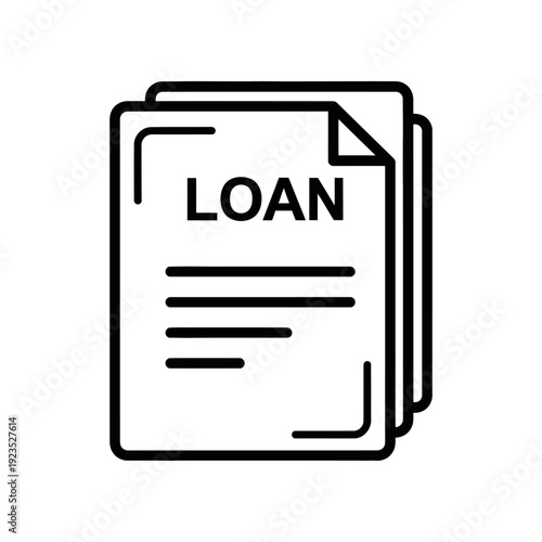 Minimalist black and white loan application form icon with pen, symbolizing business finance, approval, and financial planning for commercial use.