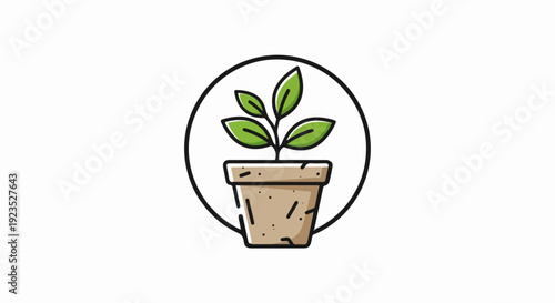 A small green seedling grows in a pot within a circle