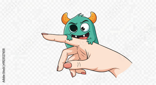 A small, teal monster with orange horns playfully bites a finger with sharp teeth