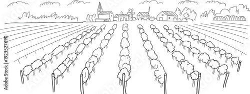Rural farmland landscape illustration with crop rows, village skyline, countryside agriculture fields, black and white line art drawing perspective view