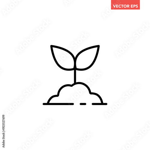 Black single sprout line icon, simple eco seedling emerges from fertile ground flat design vector pictogram, infographic interface elements for app logo web button ui ux isolated on white background