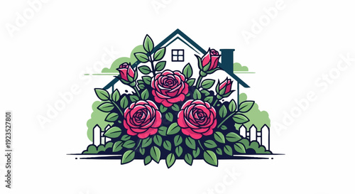 A charming house with a picket fence and vibrant pink roses blooming in the garden