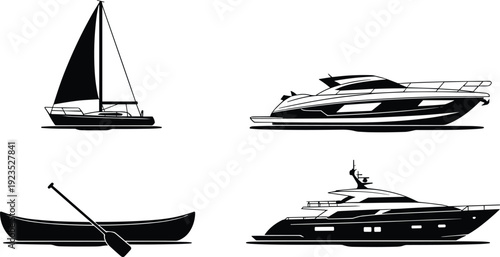 Sailboat, yacht, canoe, and luxury vessel silhouettes, marine transportation vector illustration, nautical design art composition for stock marketplace discoverability