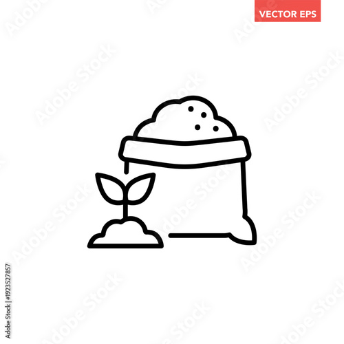 Black single plant fertilizer line icon. Simple fertilizer in sack with sprout plant flat design vector pictogram, infographic interface elements for app logo web ui ux isolated on white background