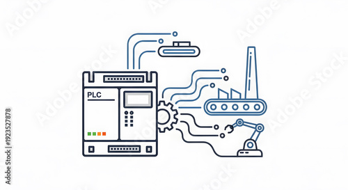 Detailed icon of a PLC module with blue connection lines leading to robotic arms and conveyor belts