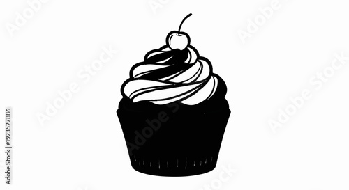 A black and white illustration of a frosted cupcake with a cherry on top