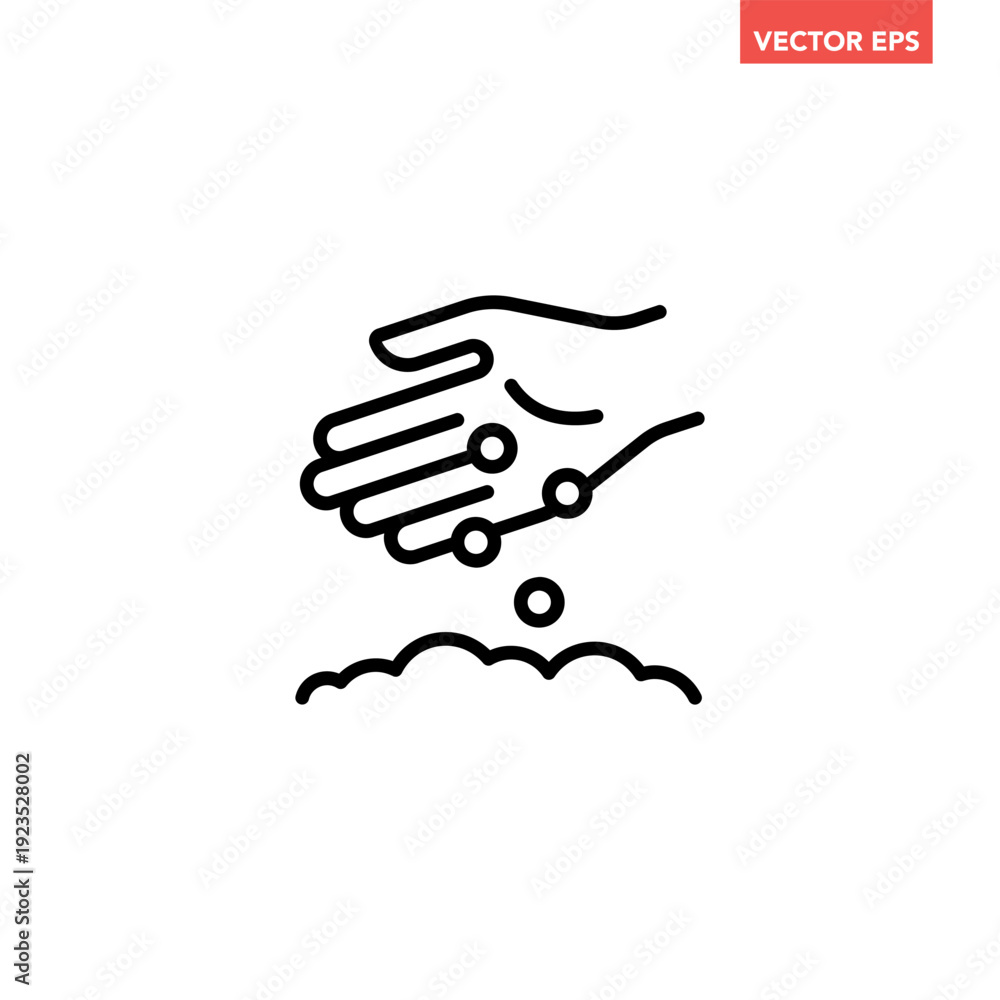 Fototapeta premium Black single Hand planting seeds line icon. Simple agriculture garden flat design vector pictogram, infographic interface elements for app logo web button ui ux isolated on white background
