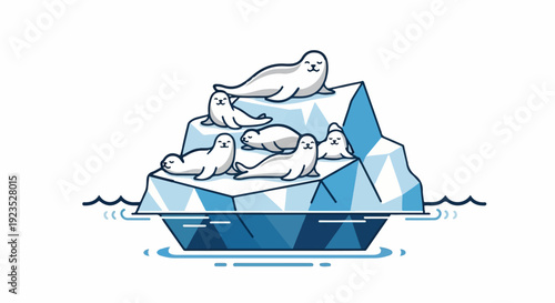 A group of adorable seals rests on a geometric, blue iceberg in the ocean