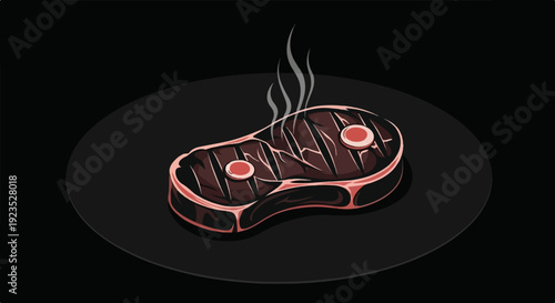 A grilled steak with two bone-in sections steams gently on a black plate