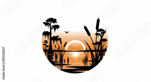 A silhouetted swamp scene with trees, reeds, a bird, and sunset over water