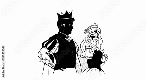A silhouetted prince and a detailed princess with striking facial features