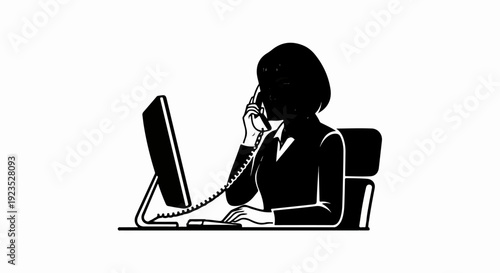 A silhouetted figure of a woman at a desk, talking on a phone and typing