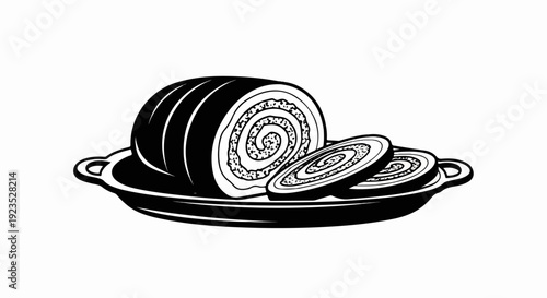 A black and white illustration of a sliced roulade on a platter