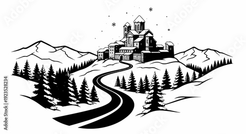 A snow-covered village sits atop a hill, accessed by a winding road