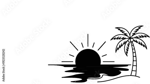 A silhouette of a sun setting over water with a palm tree on a sandy shore