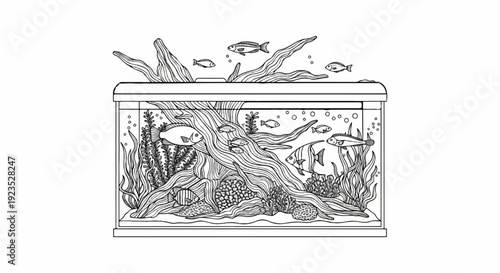 A detailed illustration of an aquarium filled with fish and aquatic plants