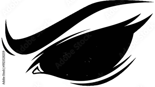 A stylized black eye graphic with dramatic sharp lines and curves
