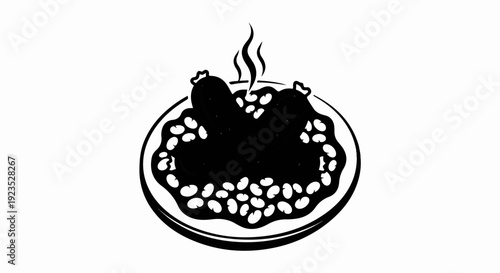 A black and white illustration of a steaming plate of beans