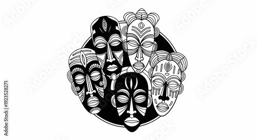 A group of diverse, stylized tribal masks arranged closely together