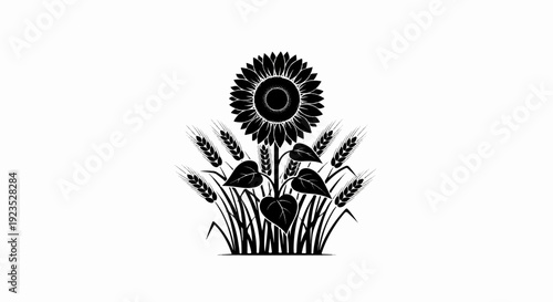 A black and white illustration of a sunflower surrounded by wheat
