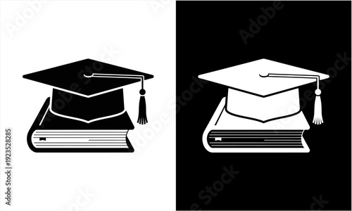 Graduation cap and book icon representing education and academic achievement.