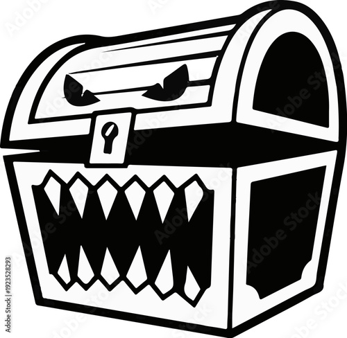 A black and white illustration of a treasure chest with a menacing face