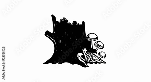 A black and white illustration of mushrooms growing from a tree stump