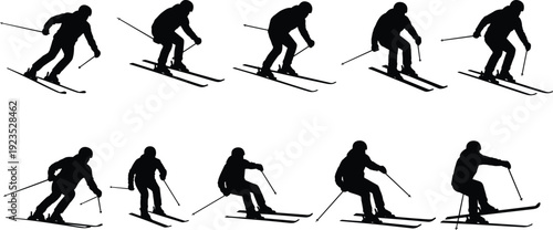Skier silhouette sequence, alpine skiing motion set, winter sport action poses, downhill ski athlete isolated on white background