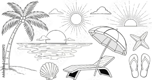 A sketch of a beach scene with a palm tree, chaise lounge, and ocean