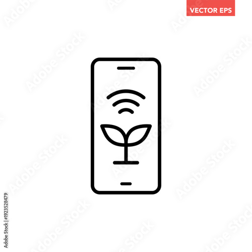 Black single smart farming on phone line icon. Wireless control of plant growth flat design vector pictogram, infographic interface elements for app logo web button ui ux isolated on white background