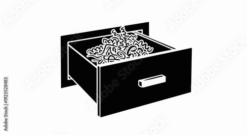 A black and white illustration shows an open drawer filled with a pile of curly pasta