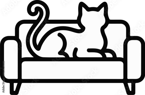 A black and white line drawing of a cat resting on a sofa