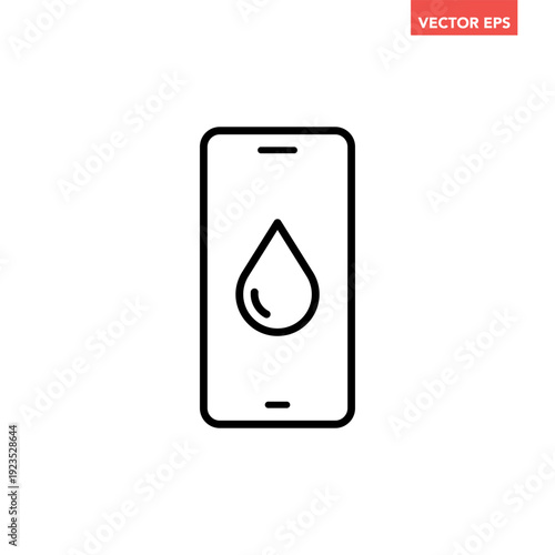 Black single phone and water blobs line icon, simple phone waterproof flat design vector pictogram, infographic interface elements for app logo web button ui ux isolated on white background