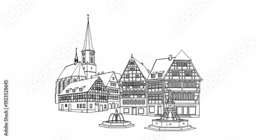 A charming town square with a spire church, half-timbered buildings, and fountains
