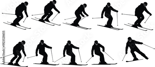 Skier silhouette collection in dynamic downhill poses, winter sport action black vector illustration isolated on white